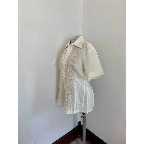 VTG Barong Tagalog Shirt Men’s SMALL Filipino Embroidered Ivory Button Shirt - Picture 8 of 12